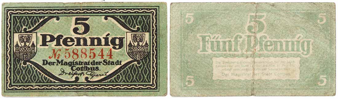 Notgeld Cottbus, 5 Pfennig