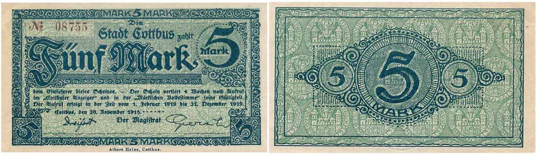 Notgeld Cottbus, 5 Mark