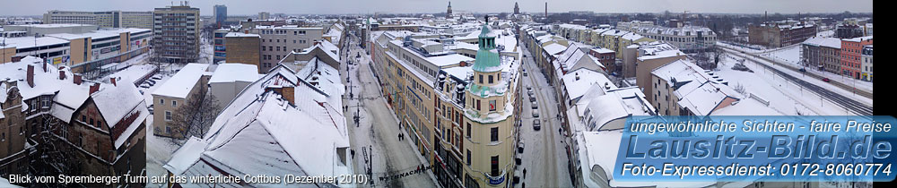 Blick vom Spremberger Turm auf das winterliche Cottbus